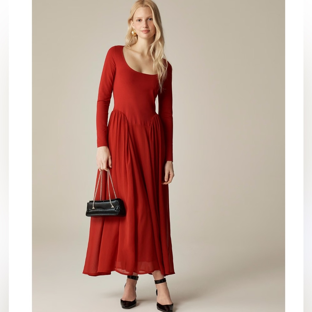 J CREW Red ballet style scoop neck long sleeve maxi dress with chiffon size XS